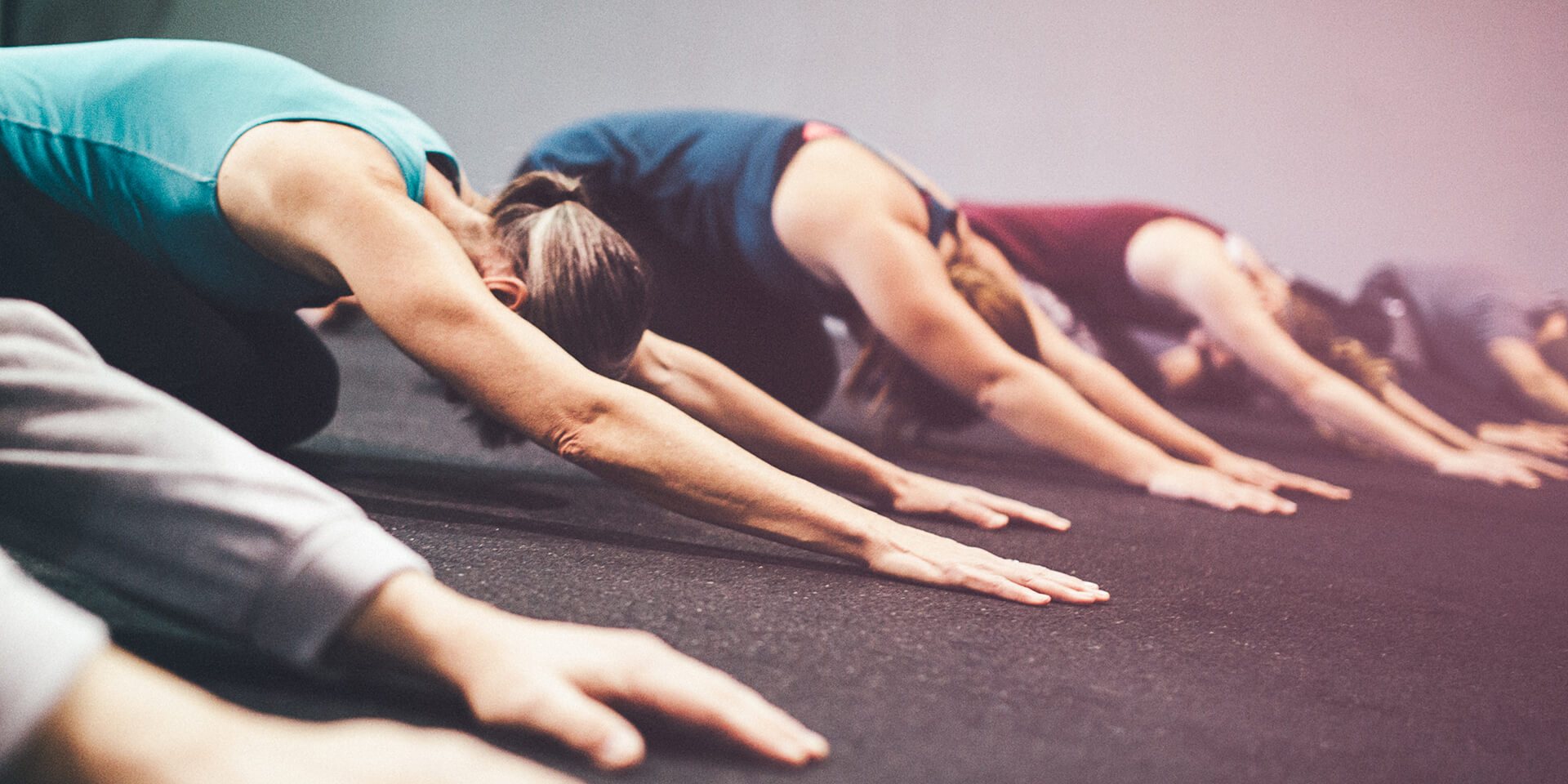 A row of students in downward-facing dog during a class at Palm Yoga in Tampa